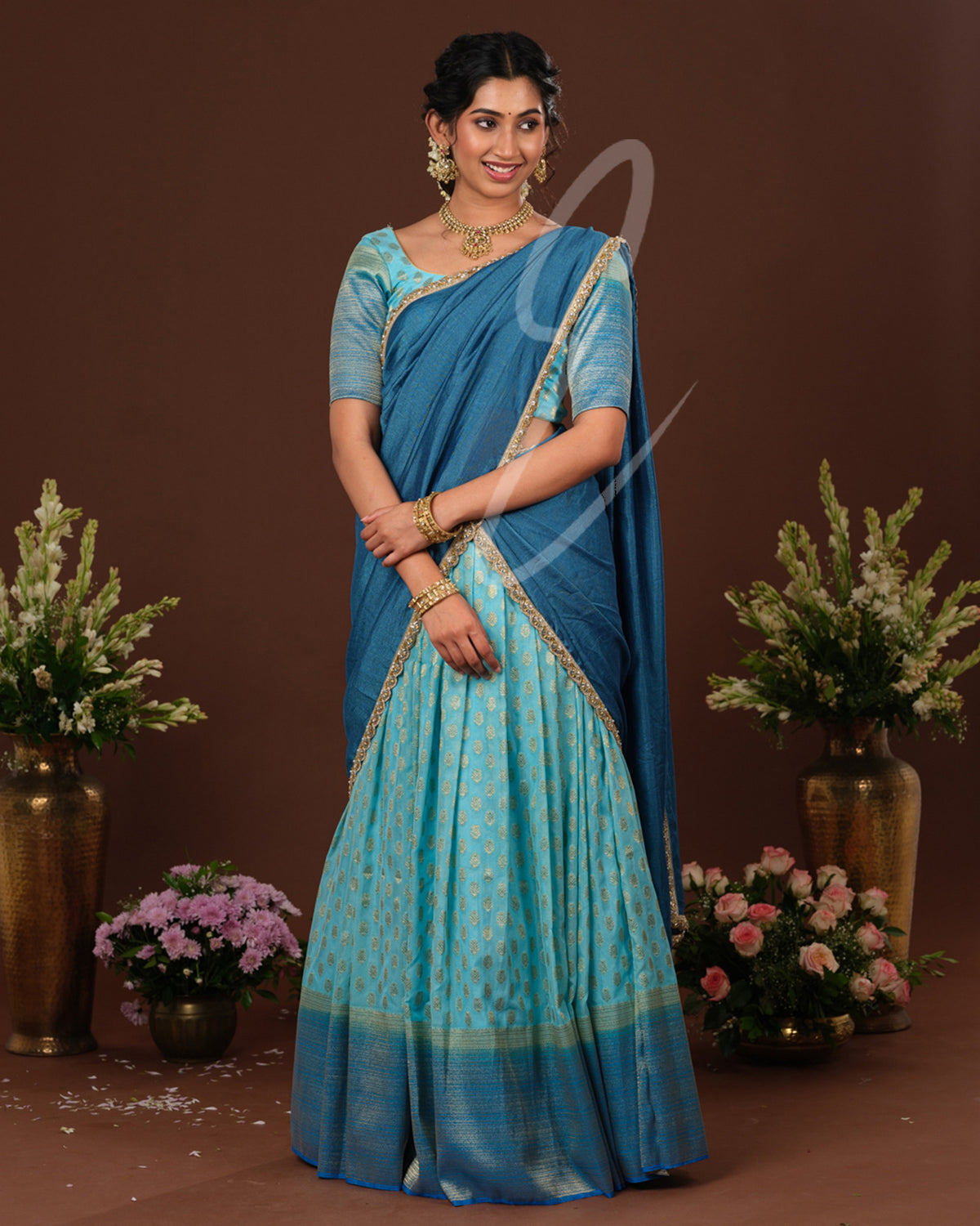 Stunning sea blue and rama blue Banarasi Georgette