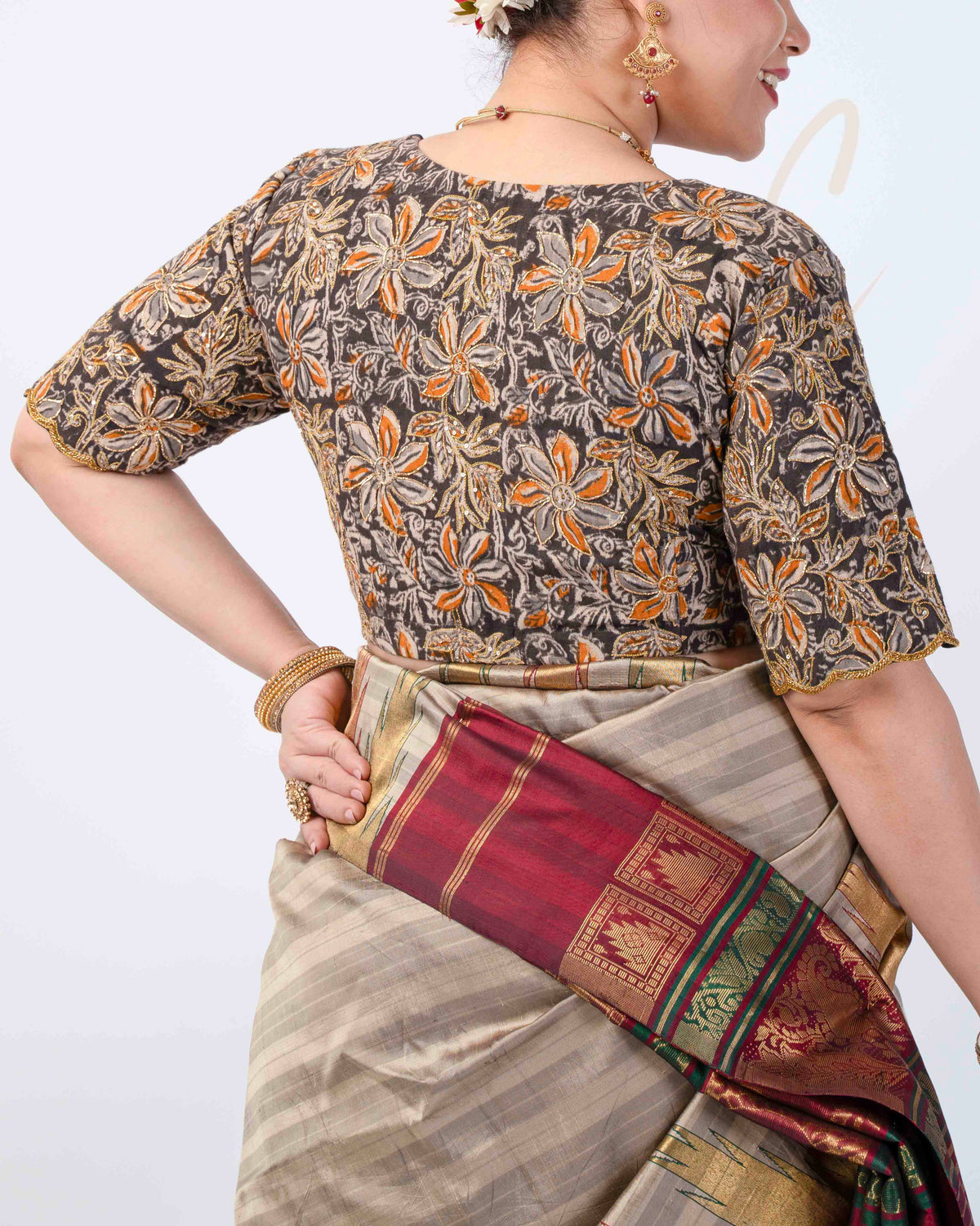 black block printed cotton blouse designed in a princess-cut style