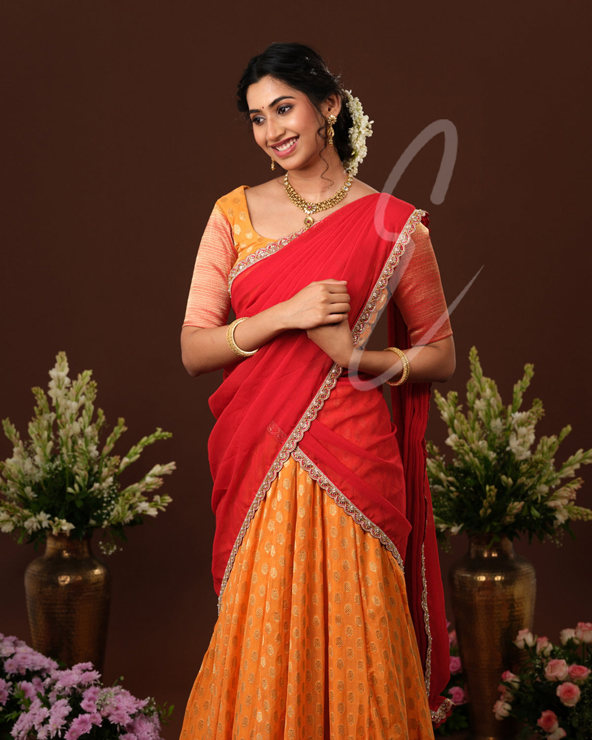 Vibrant orange and red Banarasi Georgette outfit