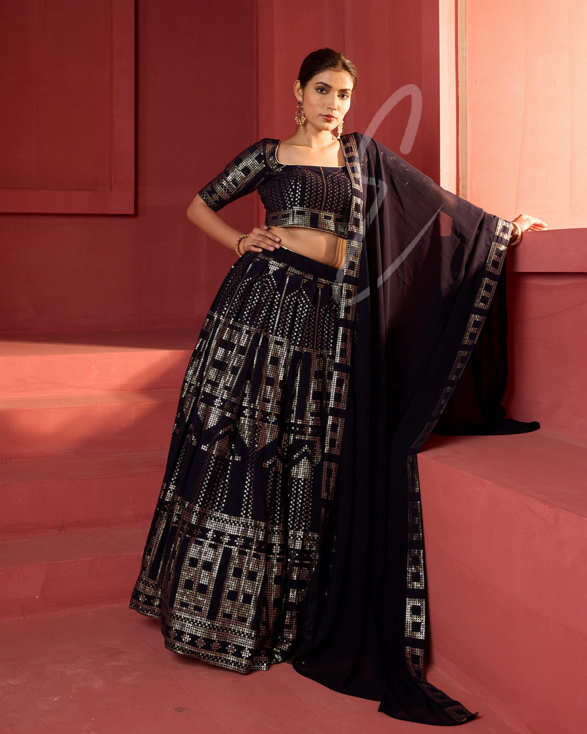 A dark blue lehenga