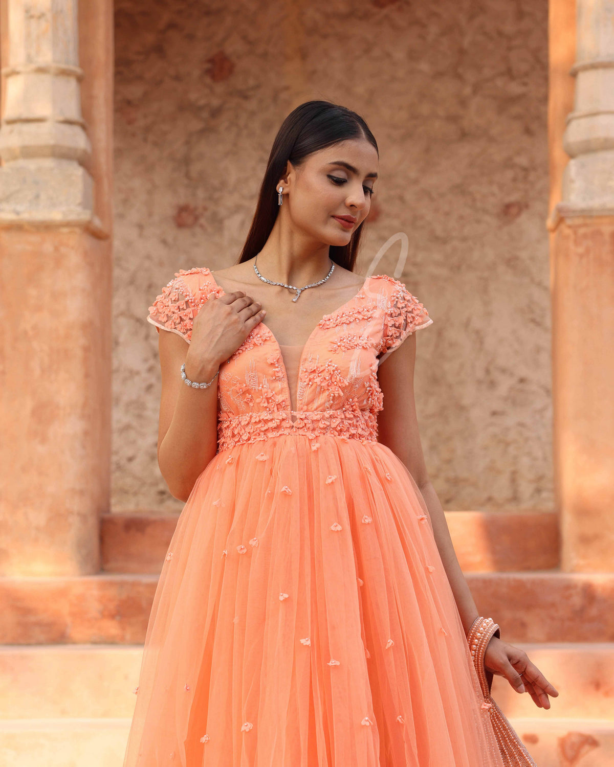 Coral Orange Flared Gown
