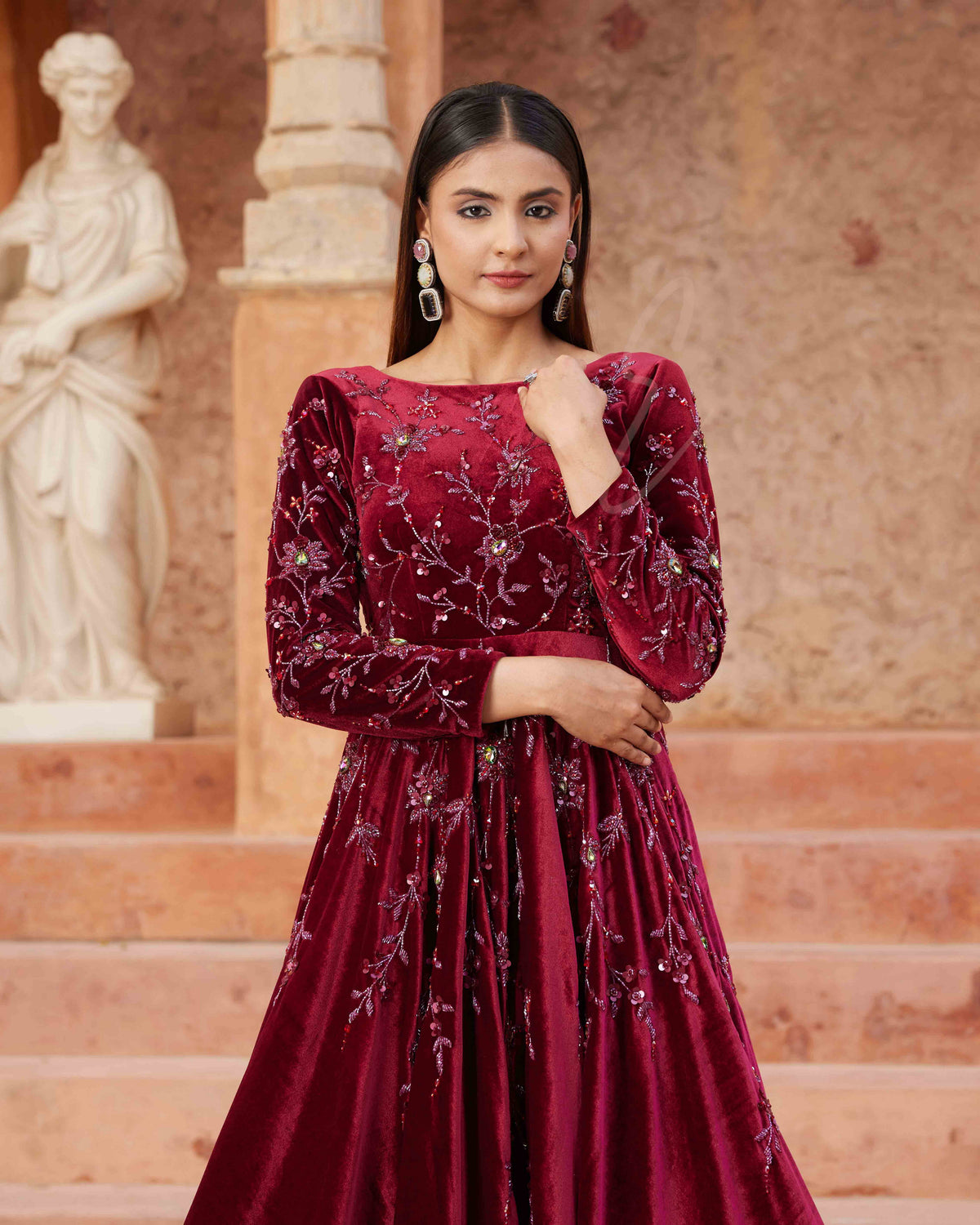 Maroon Flared Gown Crafted From Luxurious Premium Velvet