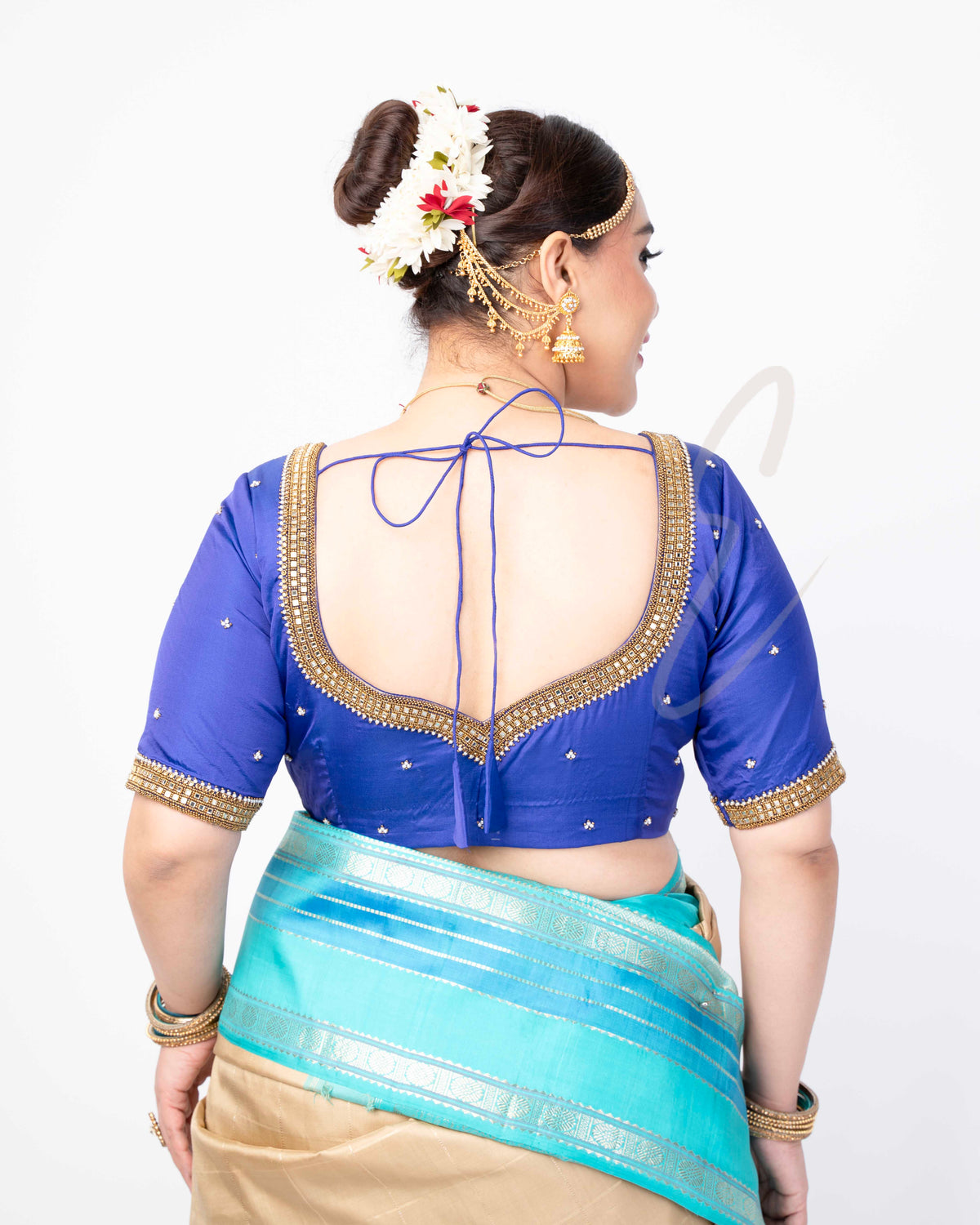 blue silk cotton blouse designed in a princess style