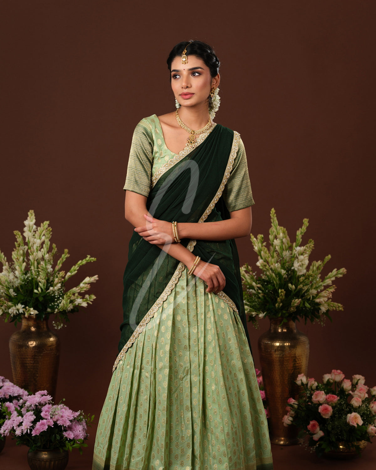 Refreshing mint green and dark green Banarasi Georgette outfit