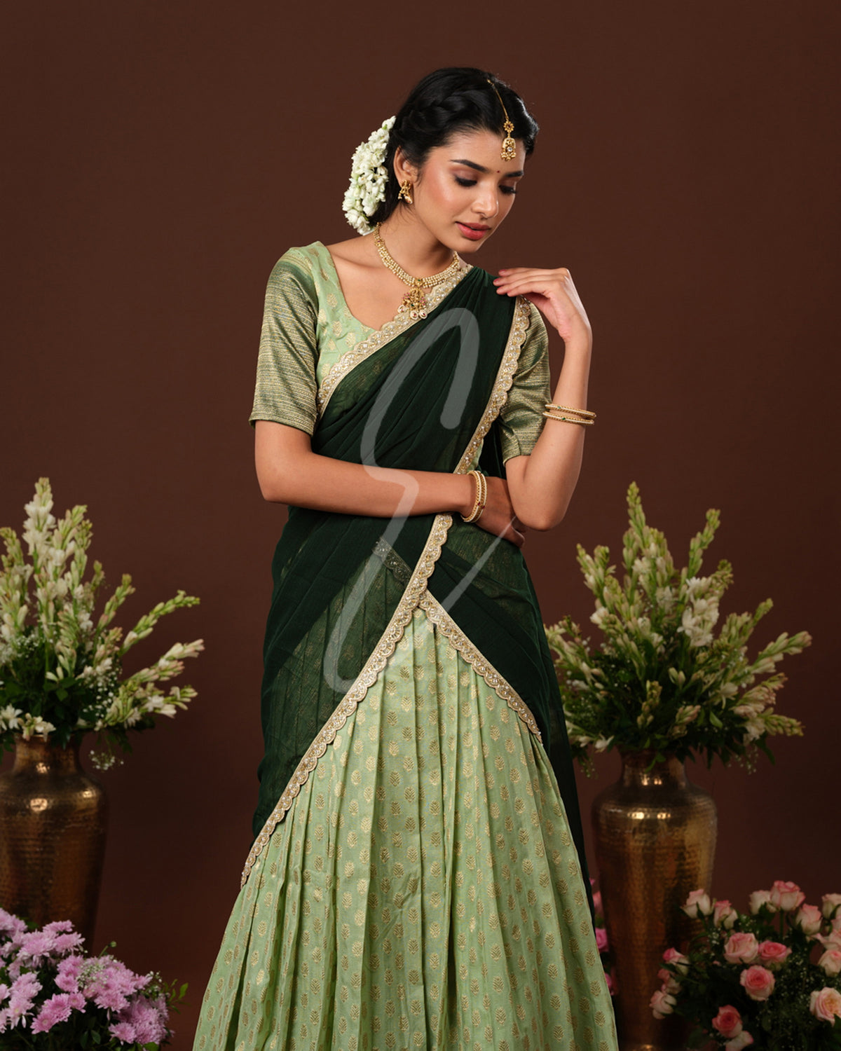 Refreshing mint green and dark green Banarasi Georgette outfit