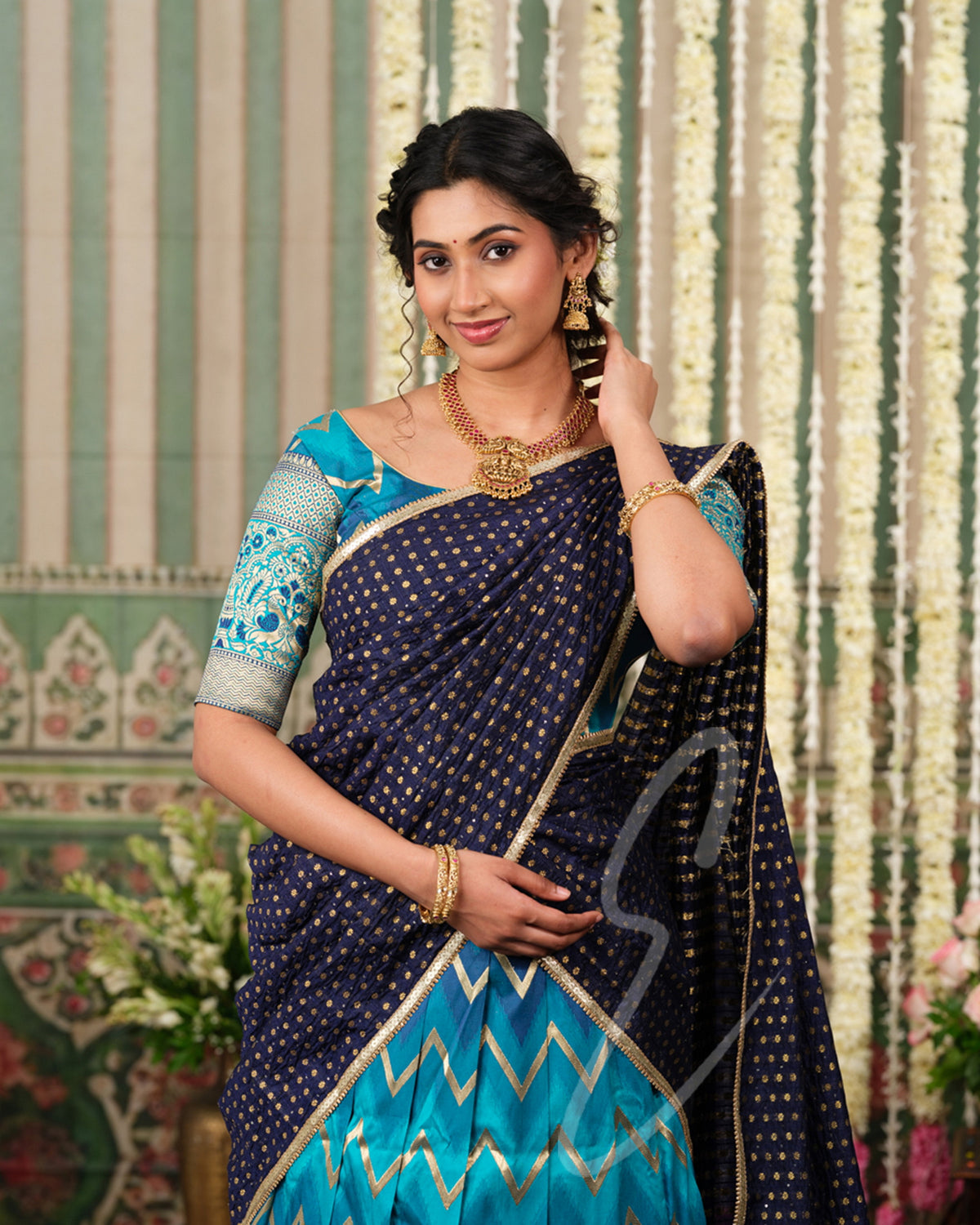 Luxurious Rama green and blue Banarasi silk outfit