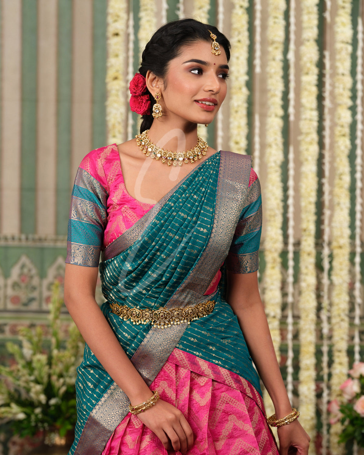 A beautiful pink and rama green silk cotton outfit that looks rich and elegant