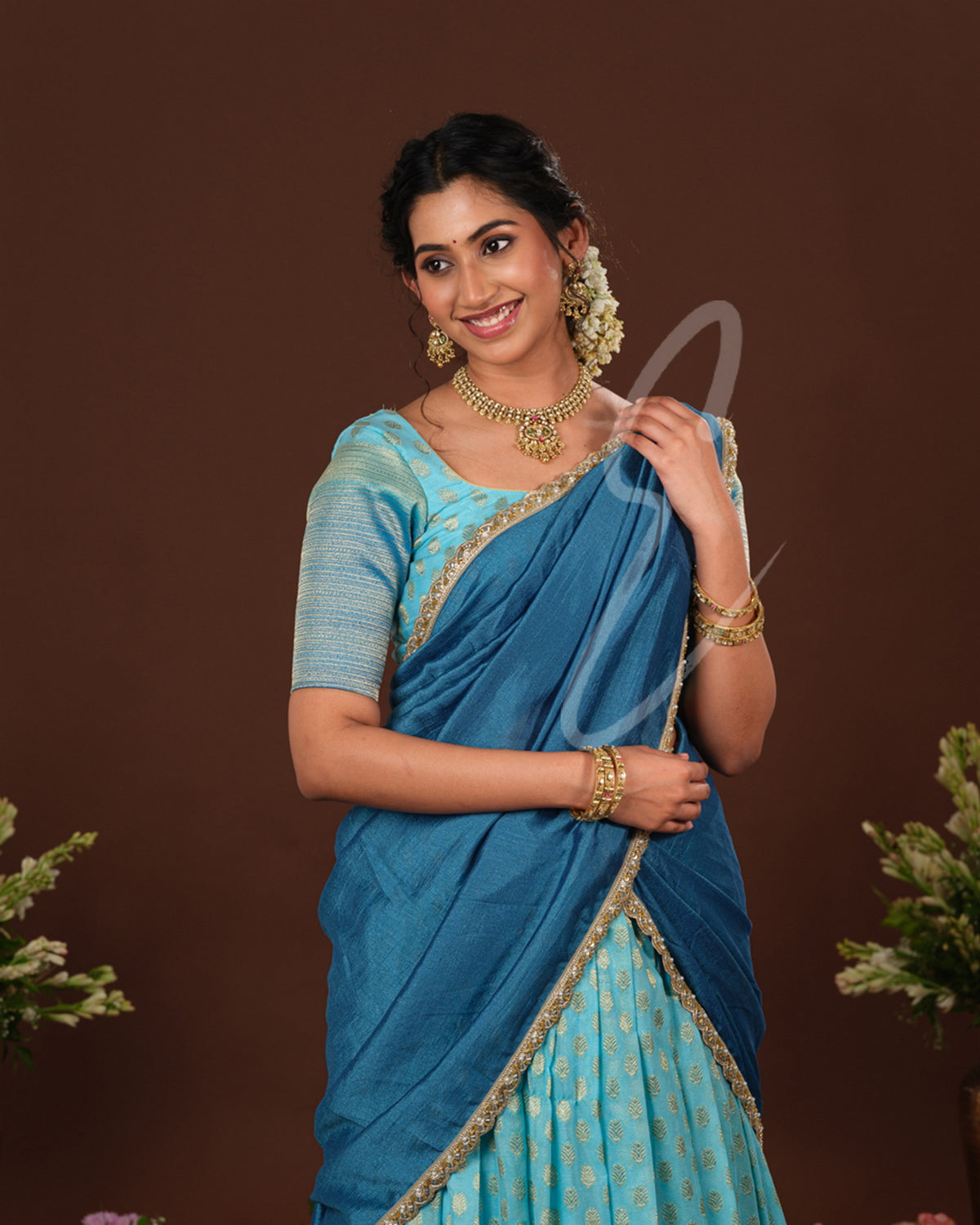 Stunning sea blue and rama blue Banarasi Georgette