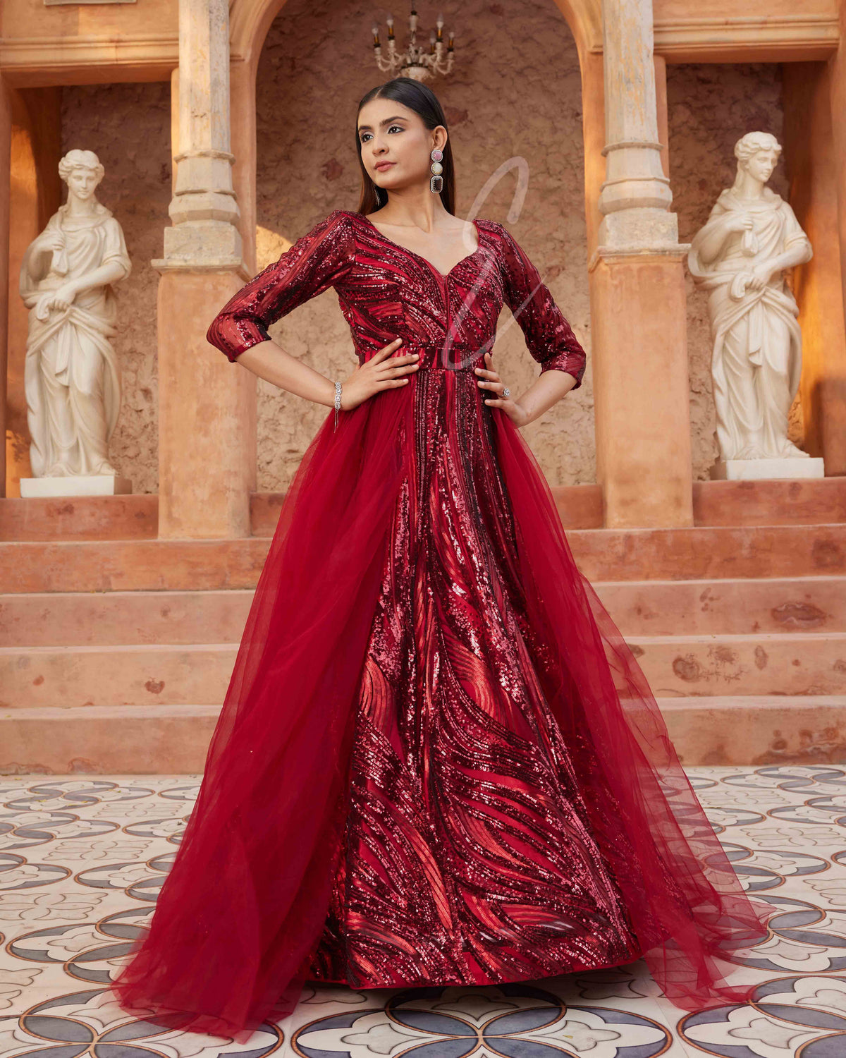 Maroon Flared Gown made from Premium Net Fabric