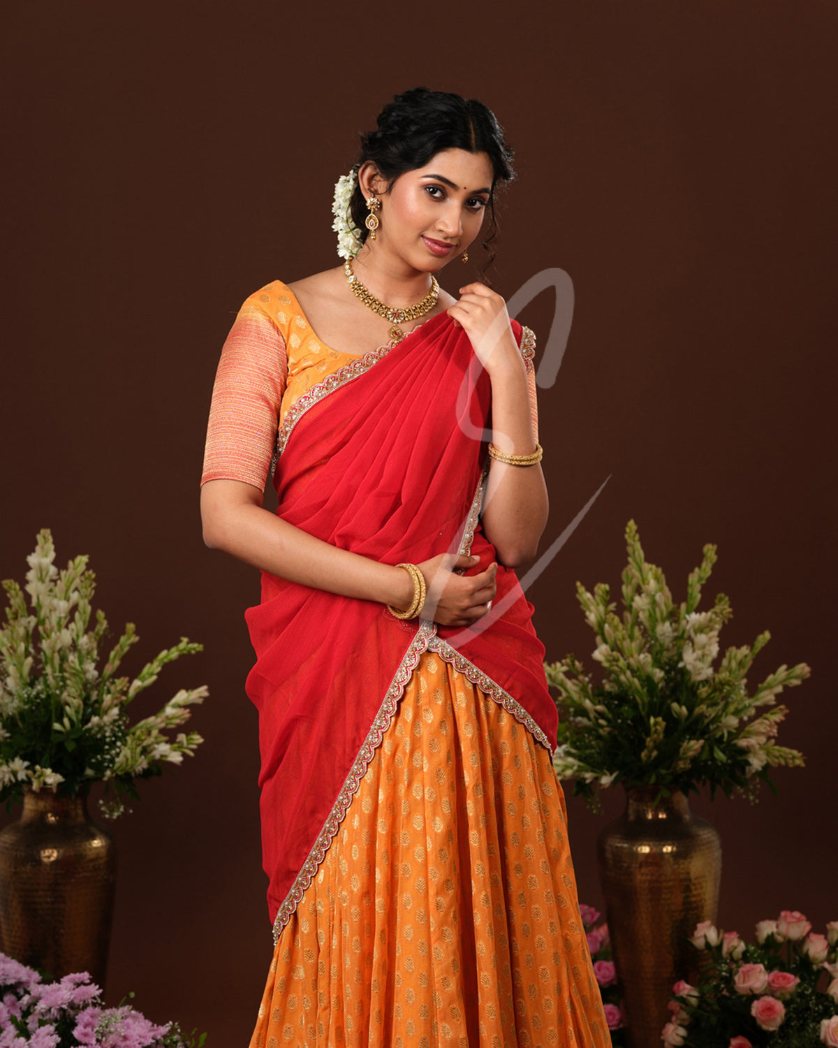 Vibrant orange and red Banarasi Georgette outfit
