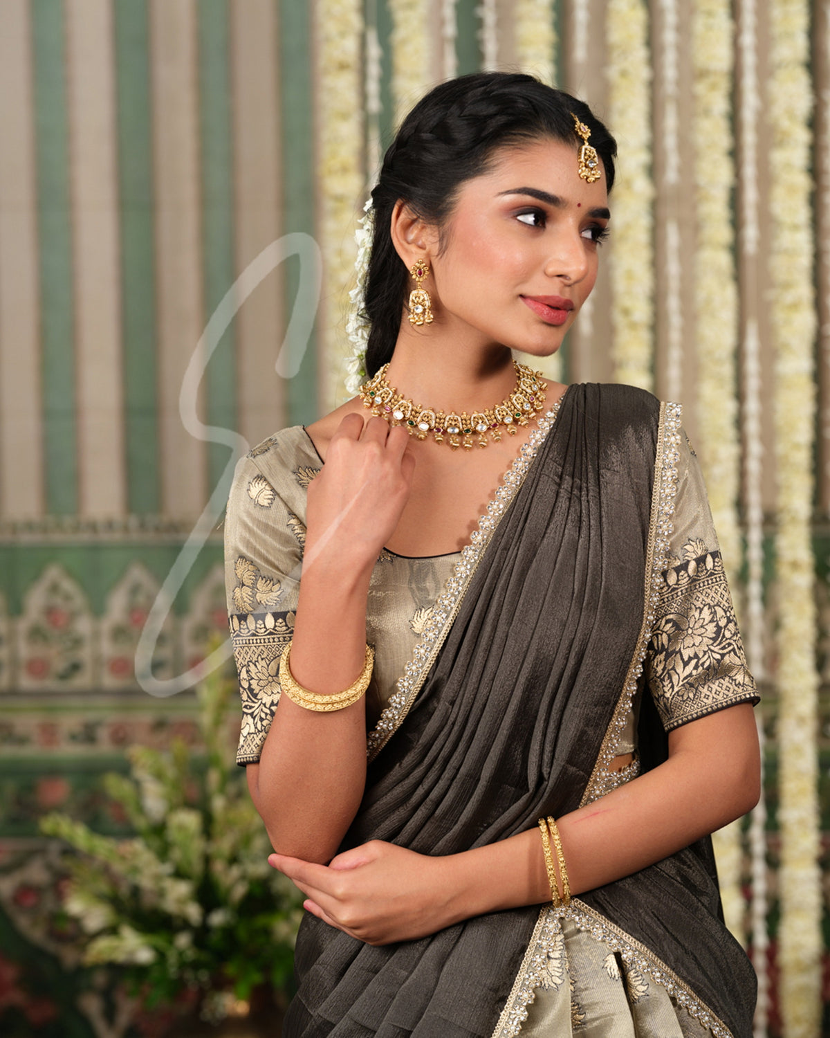 Luxurious golden and dark grey Tissue Banarasi outfit