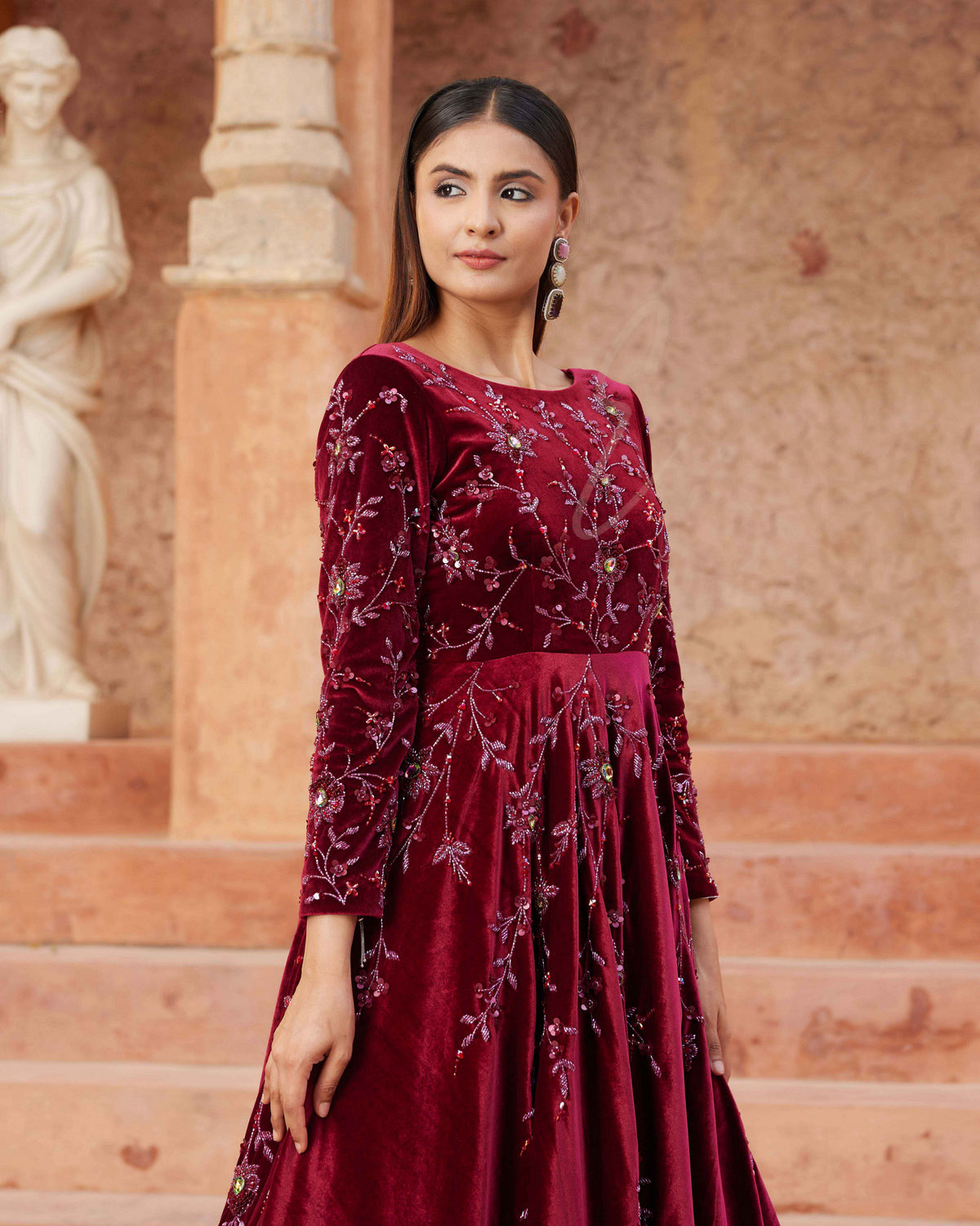 Maroon Flared Gown Crafted From Luxurious Premium Velvet
