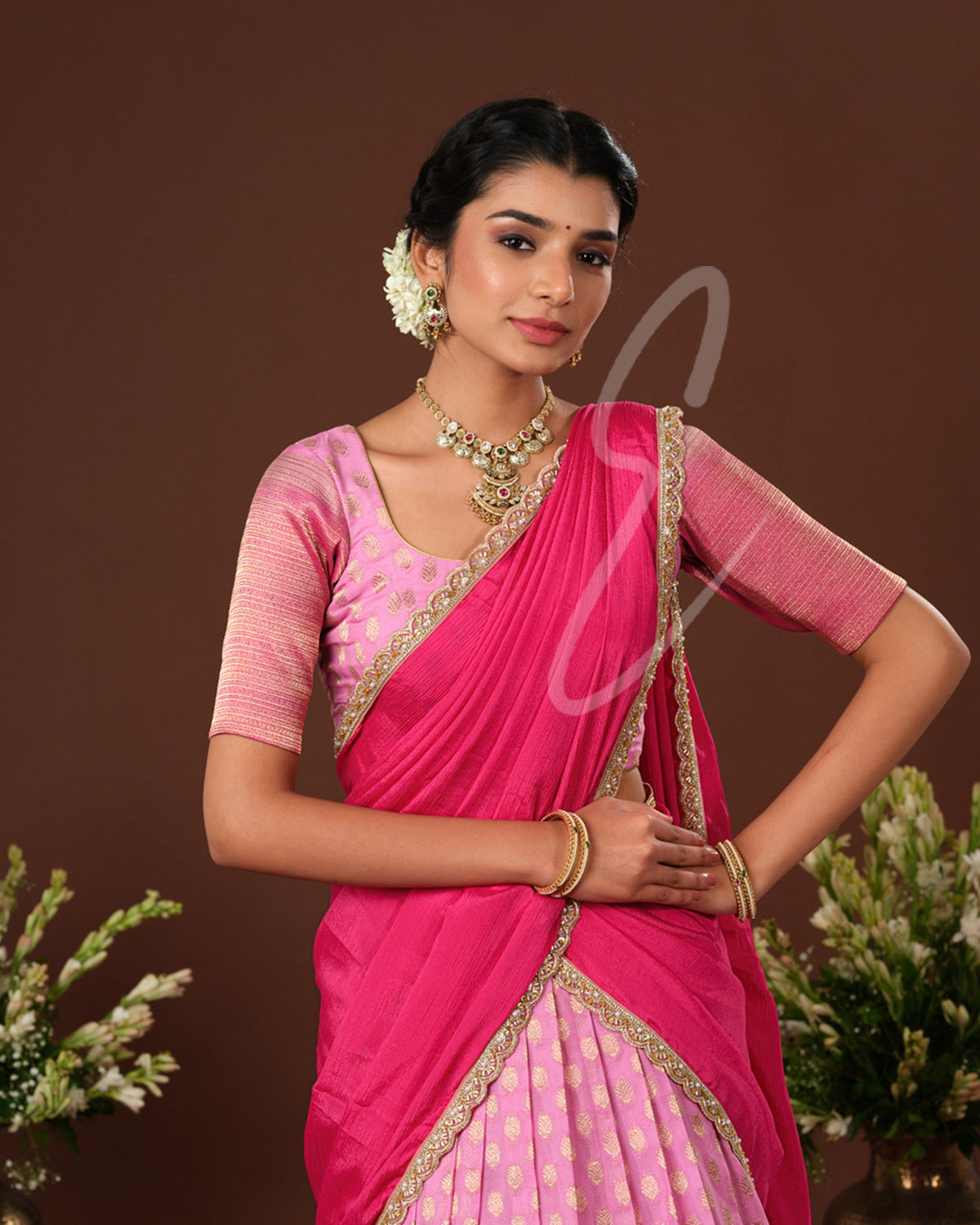 Soft and elegant light pink and dark pink Banarasi Georgette outfit