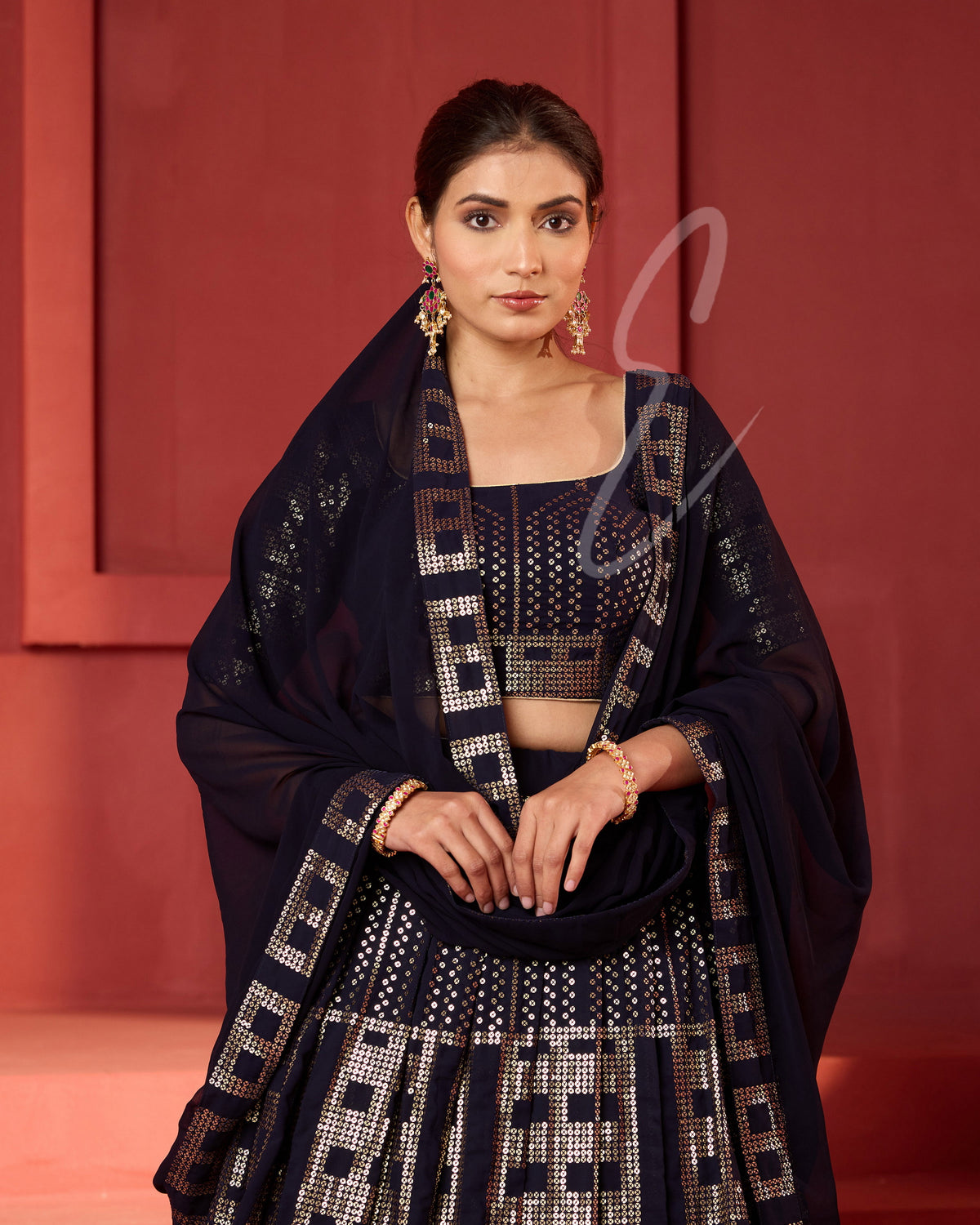 A dark blue lehenga