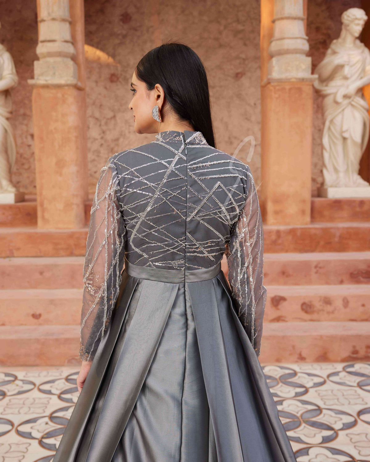Grey Pleated Flared Gown