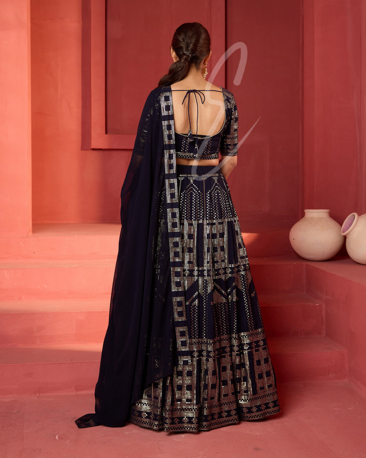 A dark blue lehenga