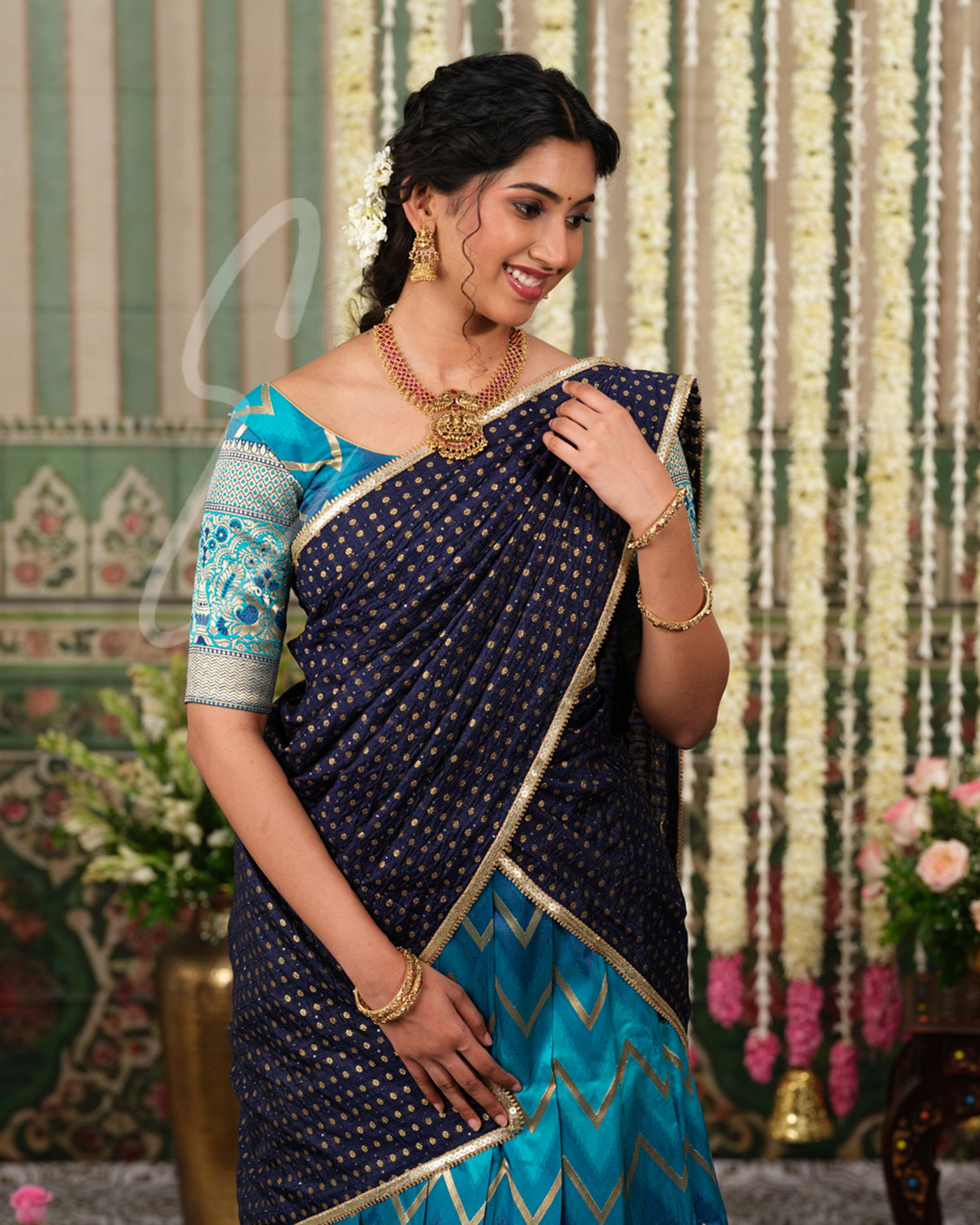 Luxurious Rama green and blue Banarasi silk outfit