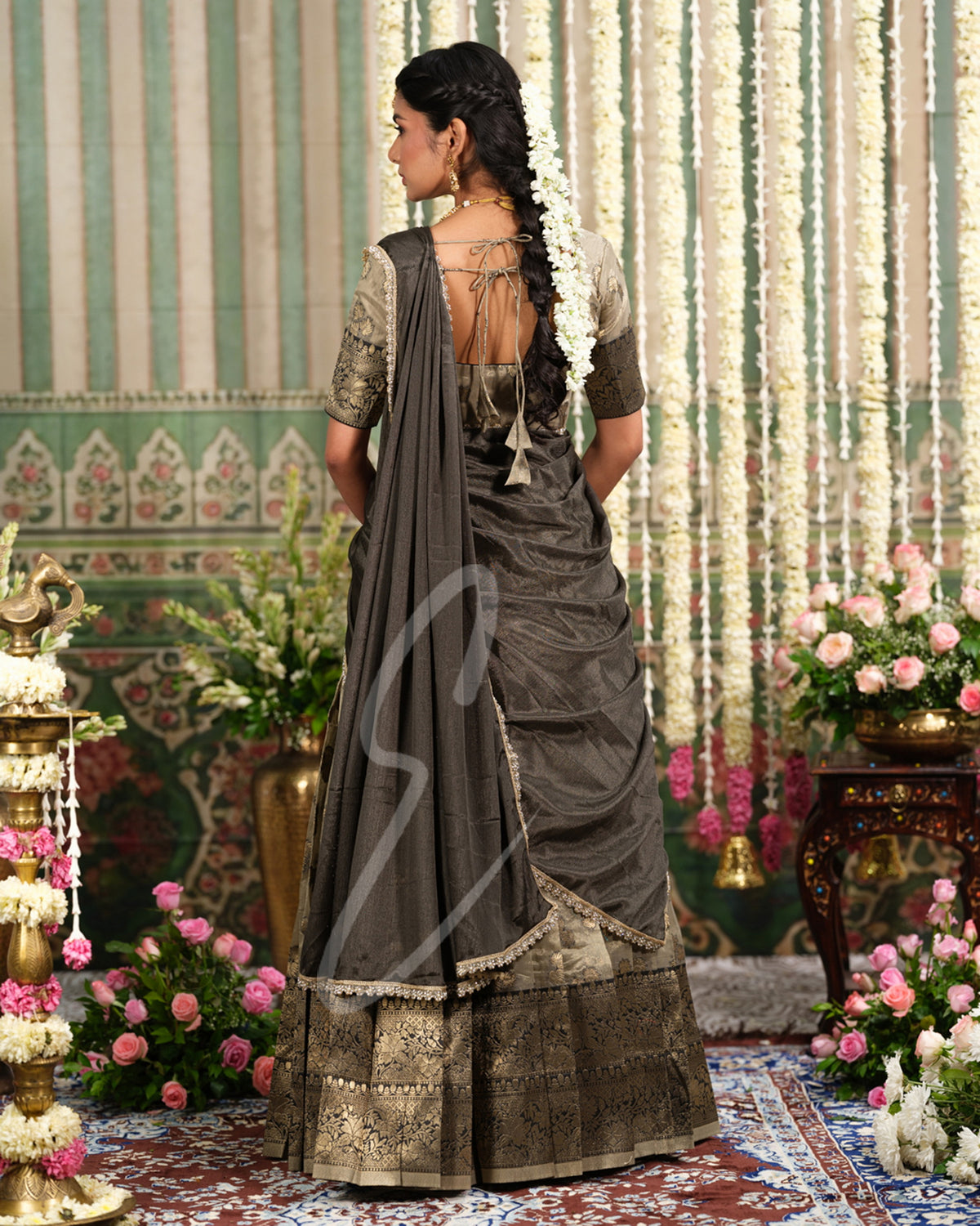 Luxurious golden and dark grey Tissue Banarasi outfit