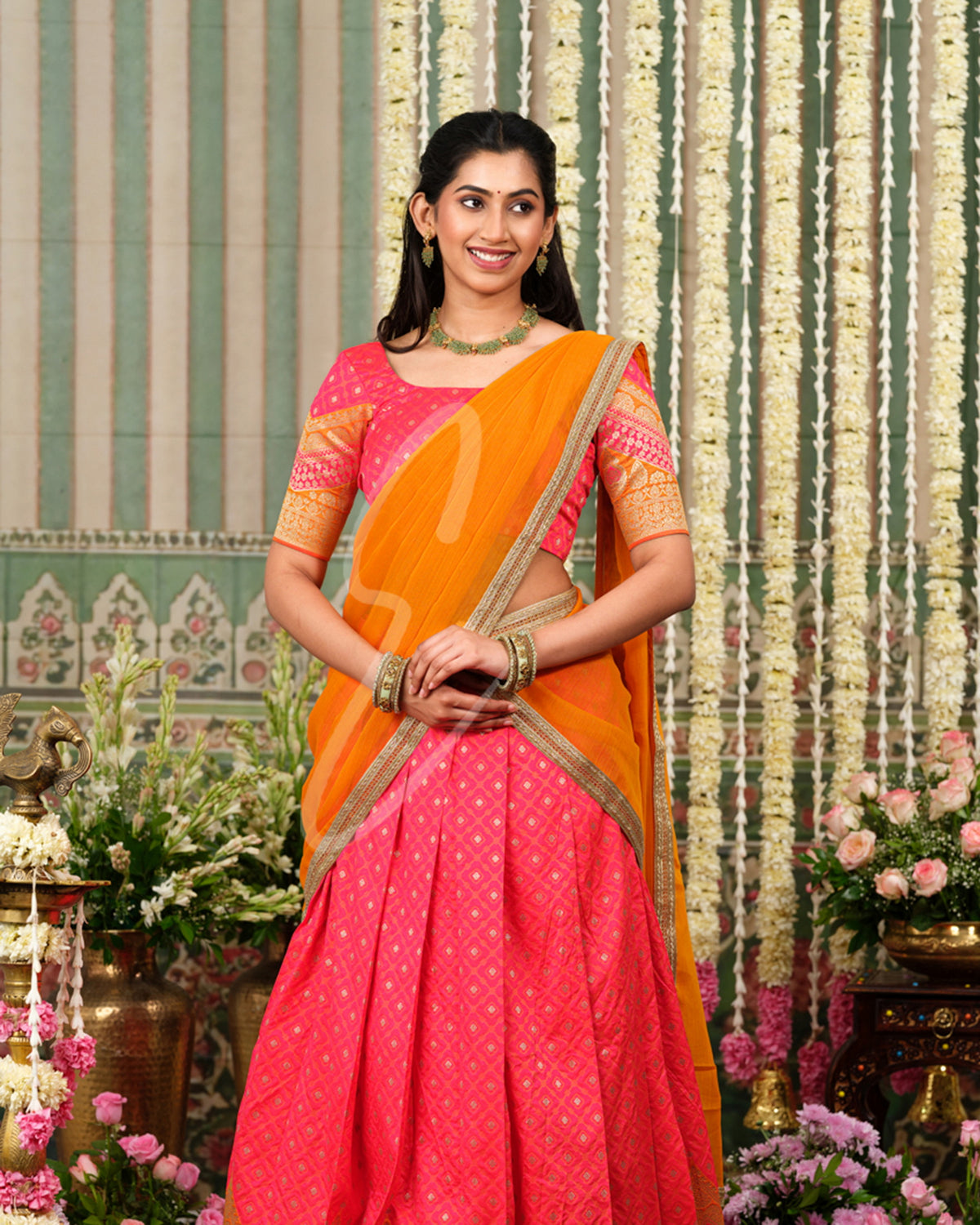Beautifully woven Gajri pink Banarasi silk half saree