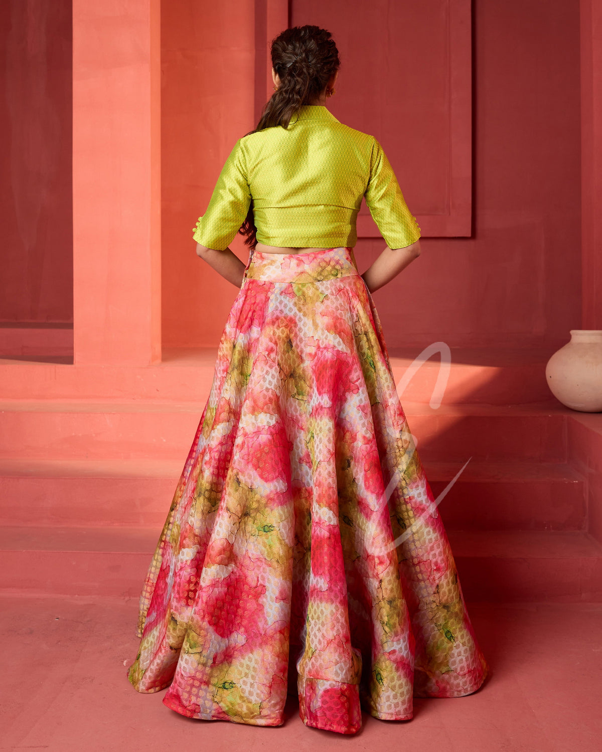 Banarasi-style flared lehenga with lime green silk blouse