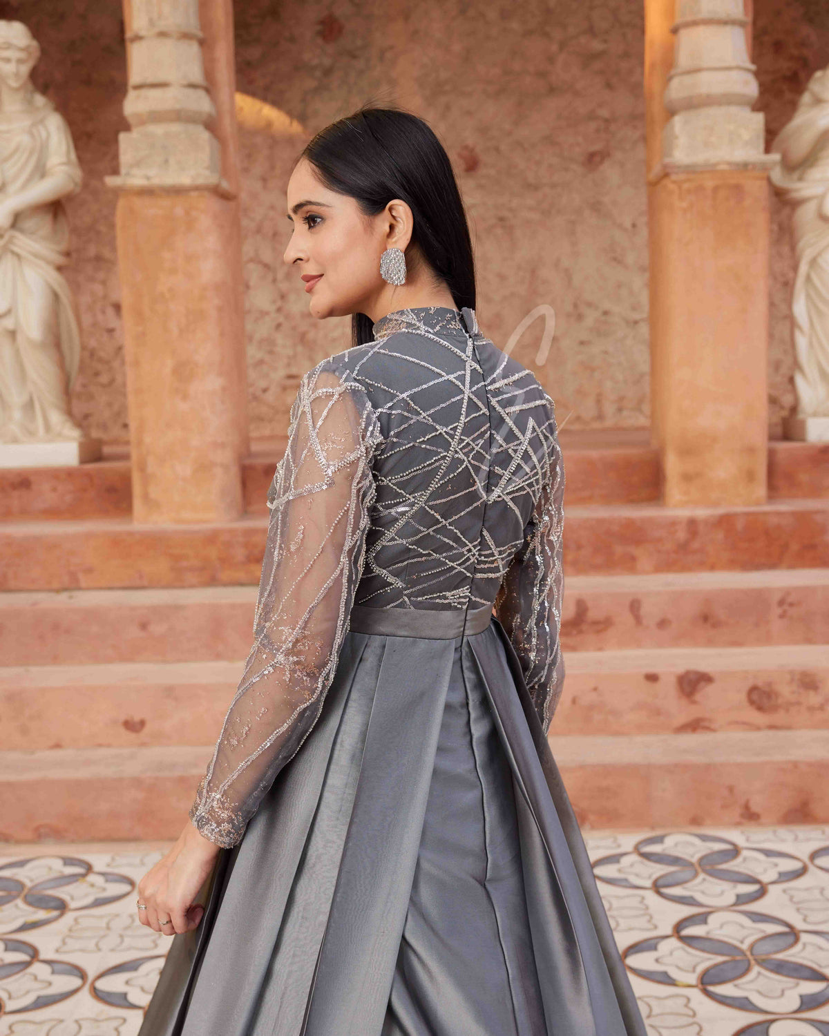 Grey Pleated Flared Gown