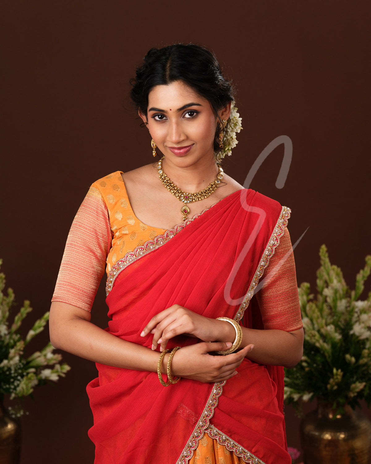 Vibrant orange and red Banarasi Georgette outfit