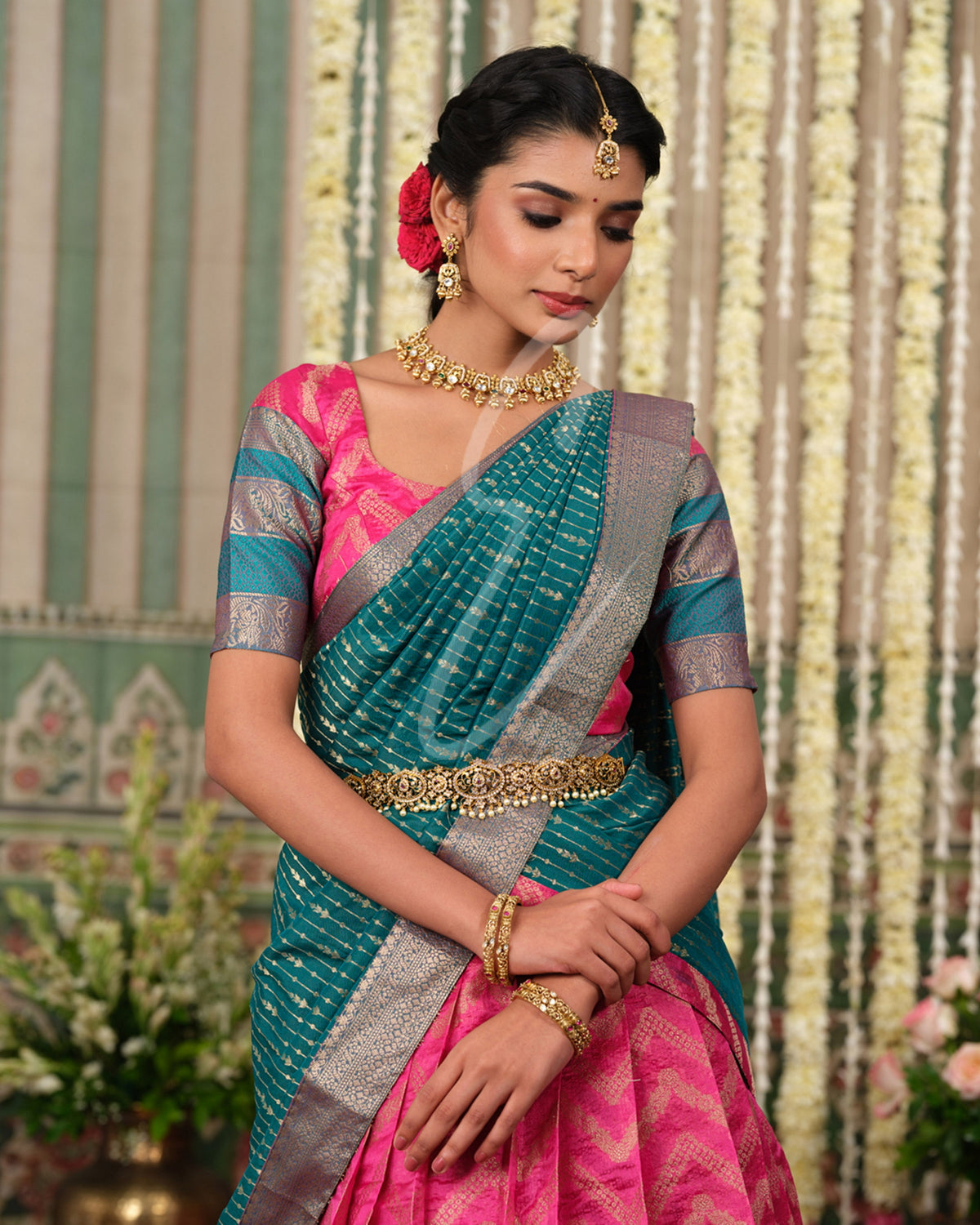 A beautiful pink and rama green silk cotton outfit that looks rich and elegant