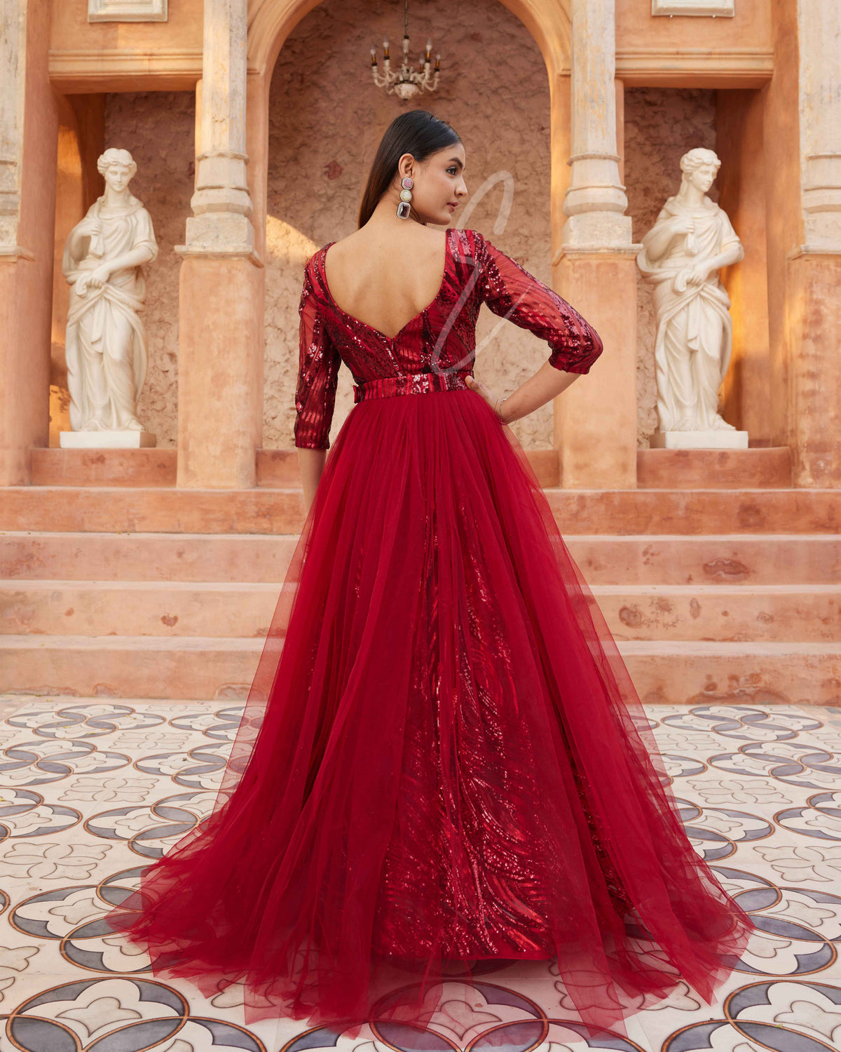 Maroon Flared Gown made from Premium Net Fabric