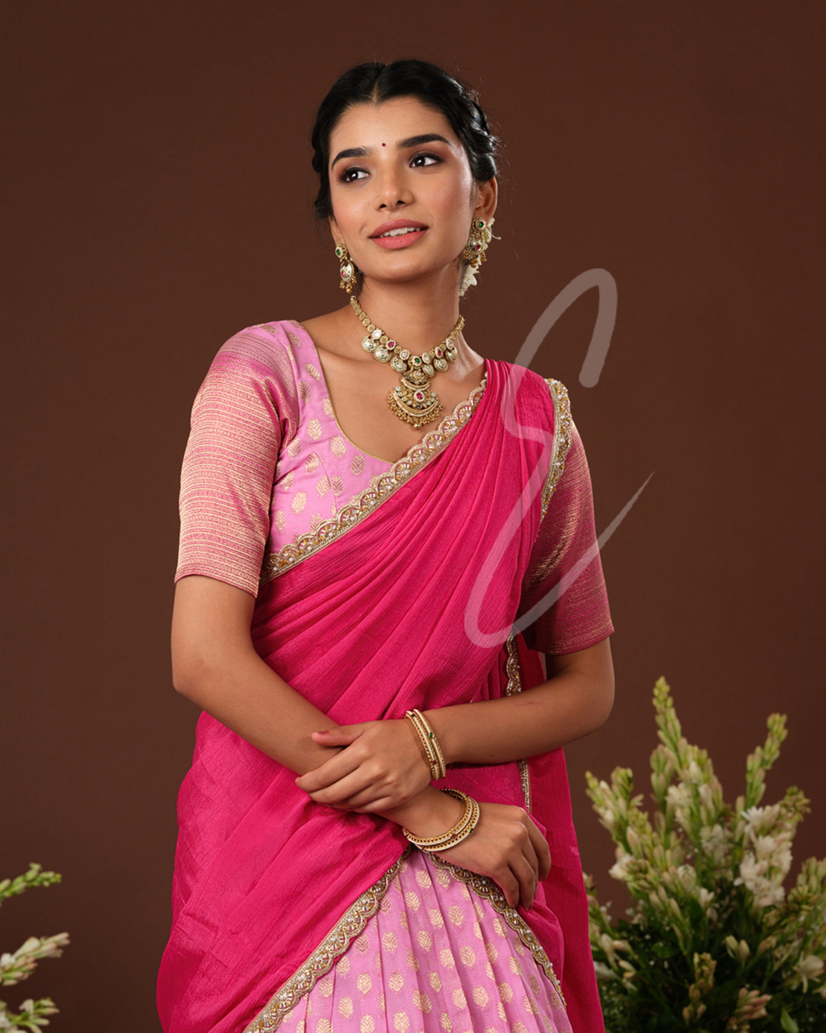 Soft and elegant light pink and dark pink Banarasi Georgette outfit