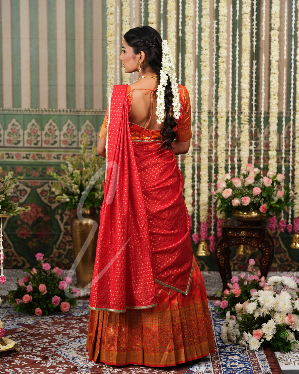 Red and orange Banarasi silk half saree with intricate woven detailing