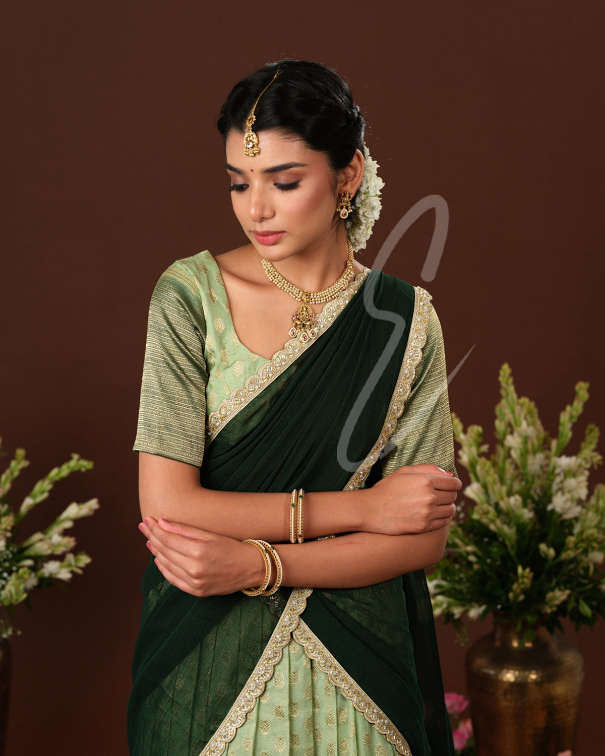 Refreshing mint green and dark green Banarasi Georgette outfit