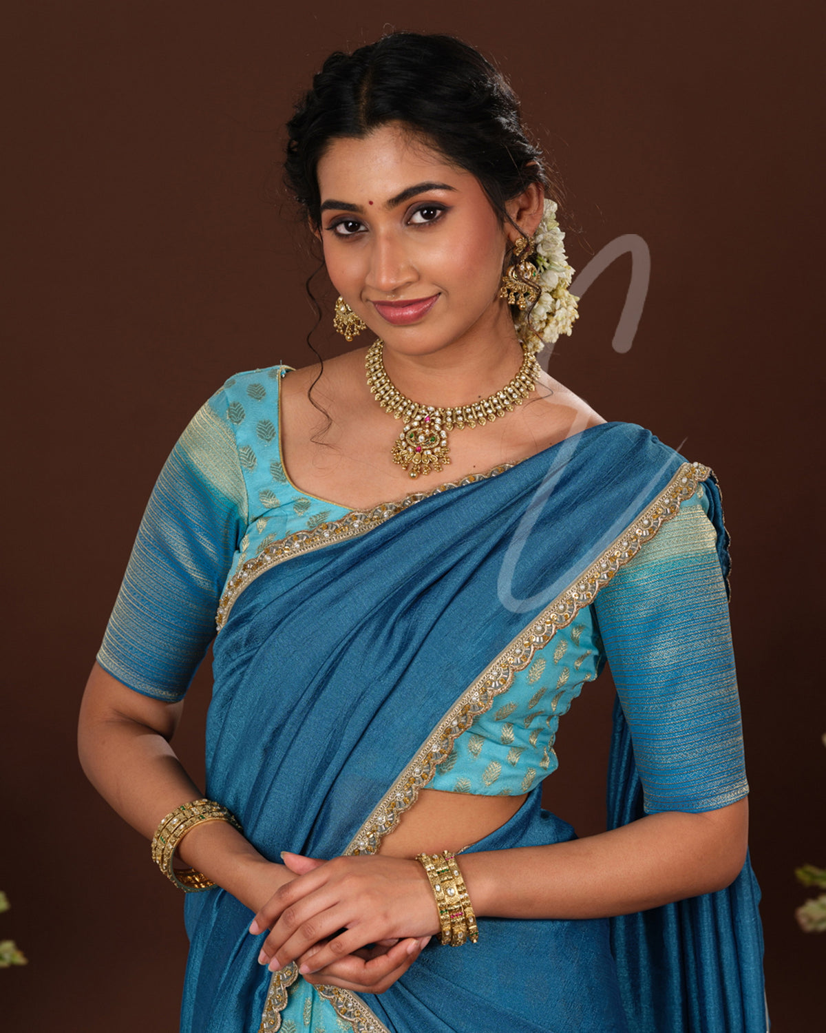 Stunning sea blue and rama blue Banarasi Georgette