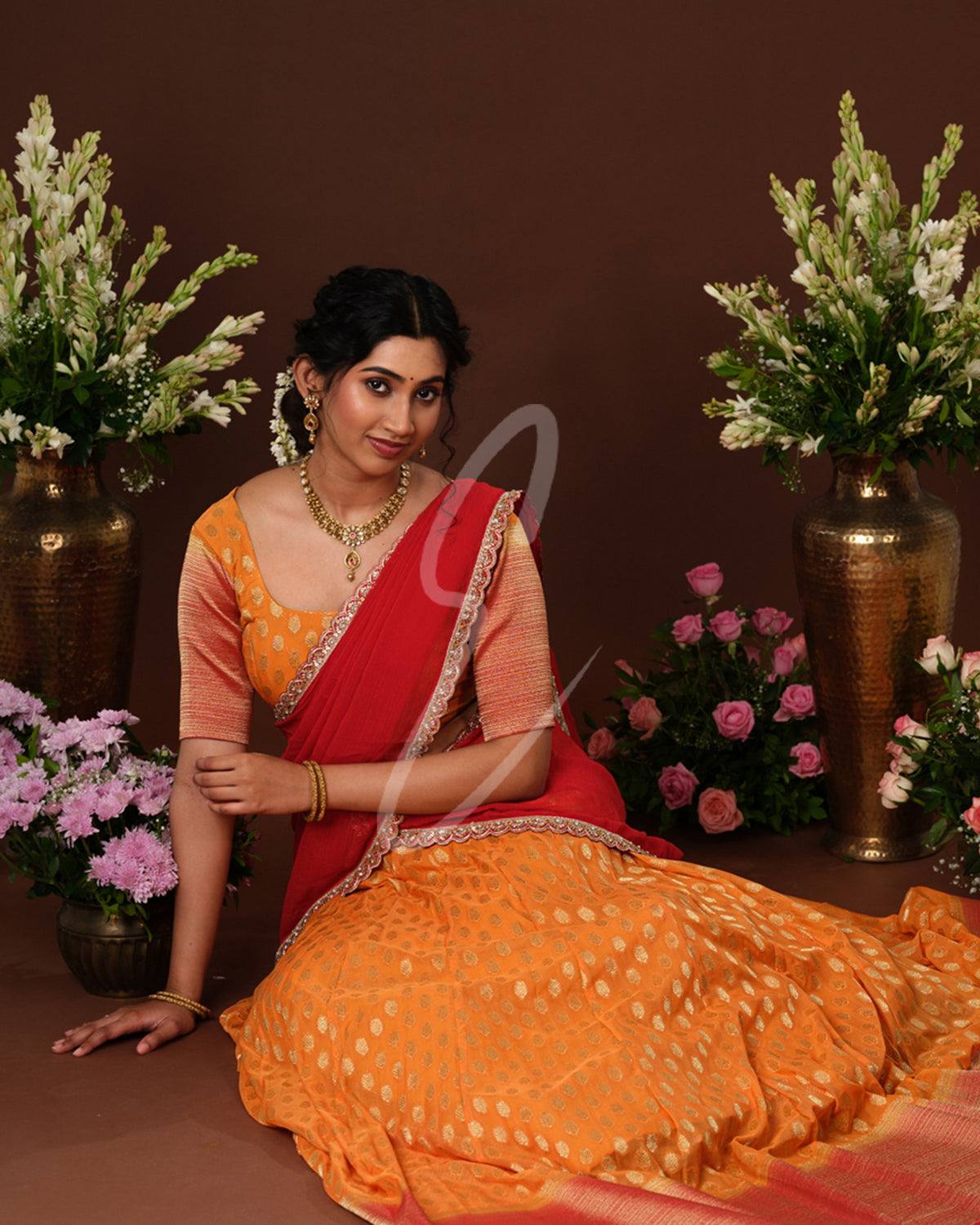 Vibrant orange and red Banarasi Georgette outfit