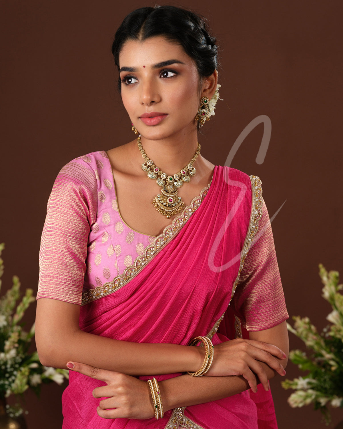 Soft and elegant light pink and dark pink Banarasi Georgette outfit