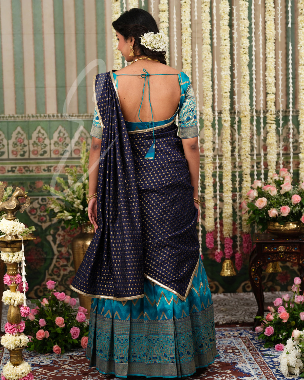 Luxurious Rama green and blue Banarasi silk outfit