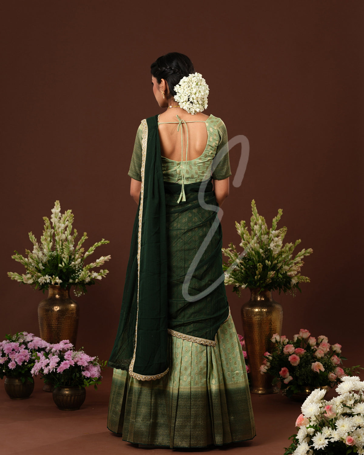 Refreshing mint green and dark green Banarasi Georgette outfit