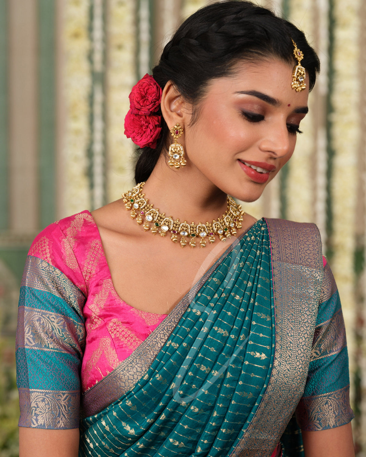 A beautiful pink and rama green silk cotton outfit that looks rich and elegant