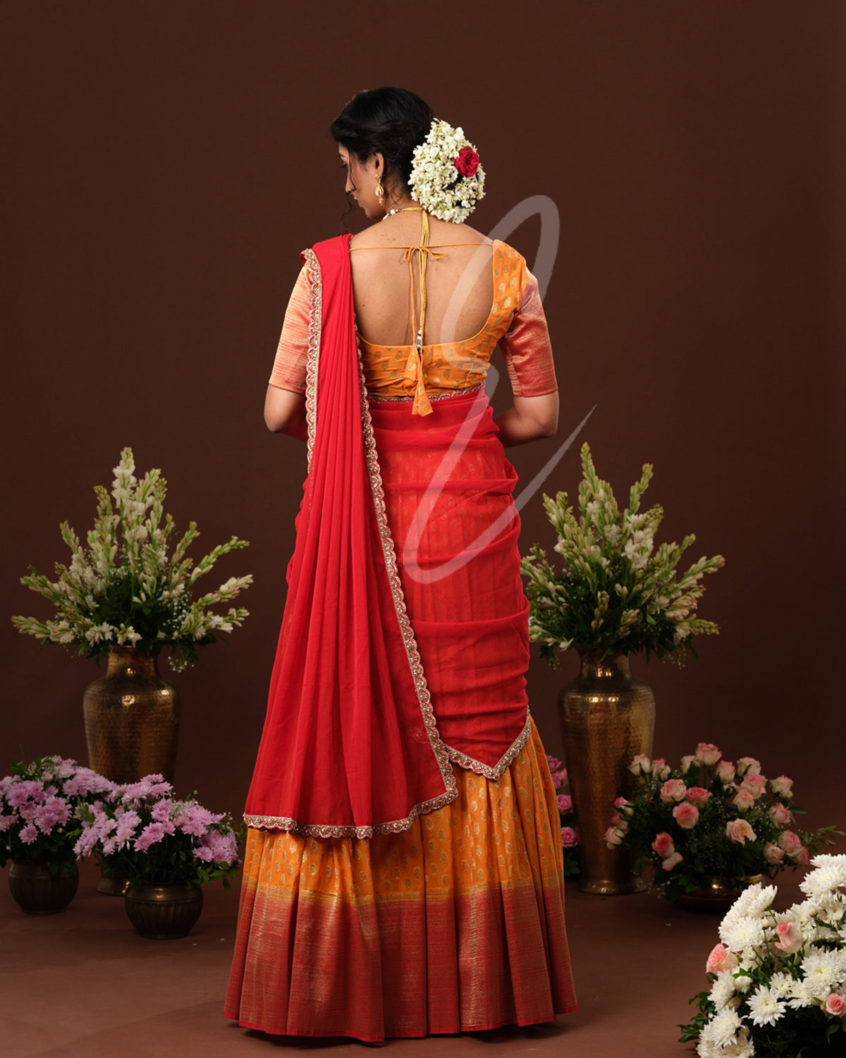 Vibrant orange and red Banarasi Georgette outfit