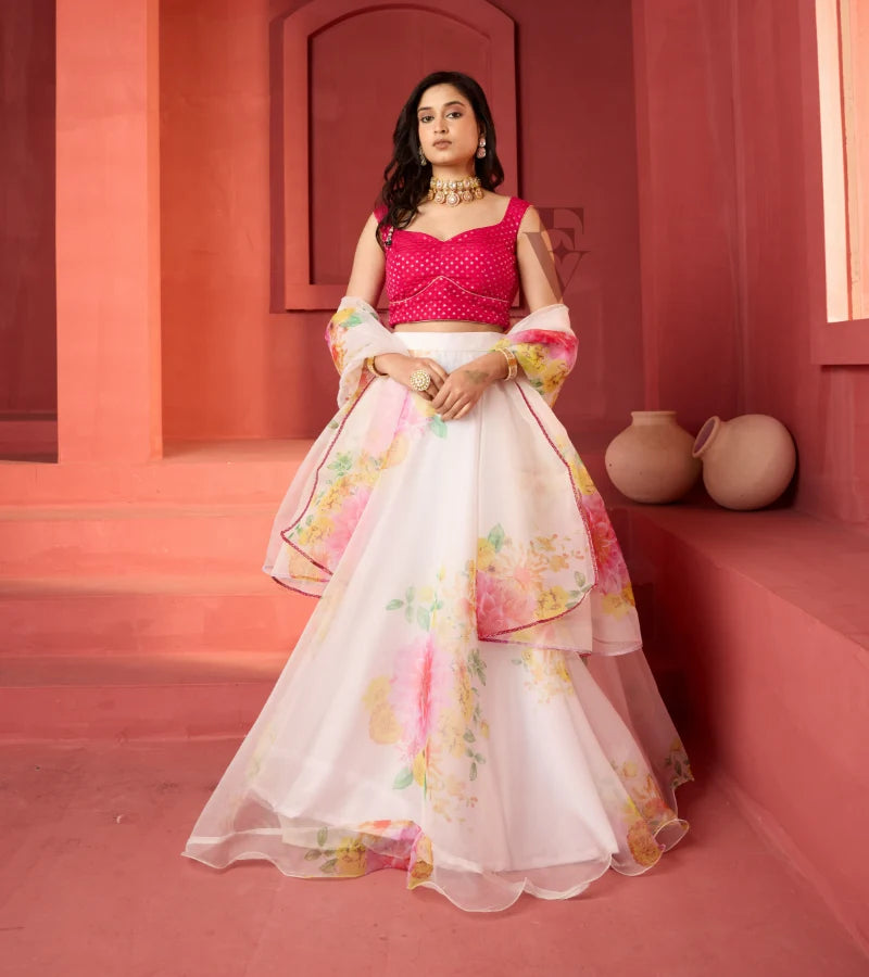 white lehenga floral printed finish