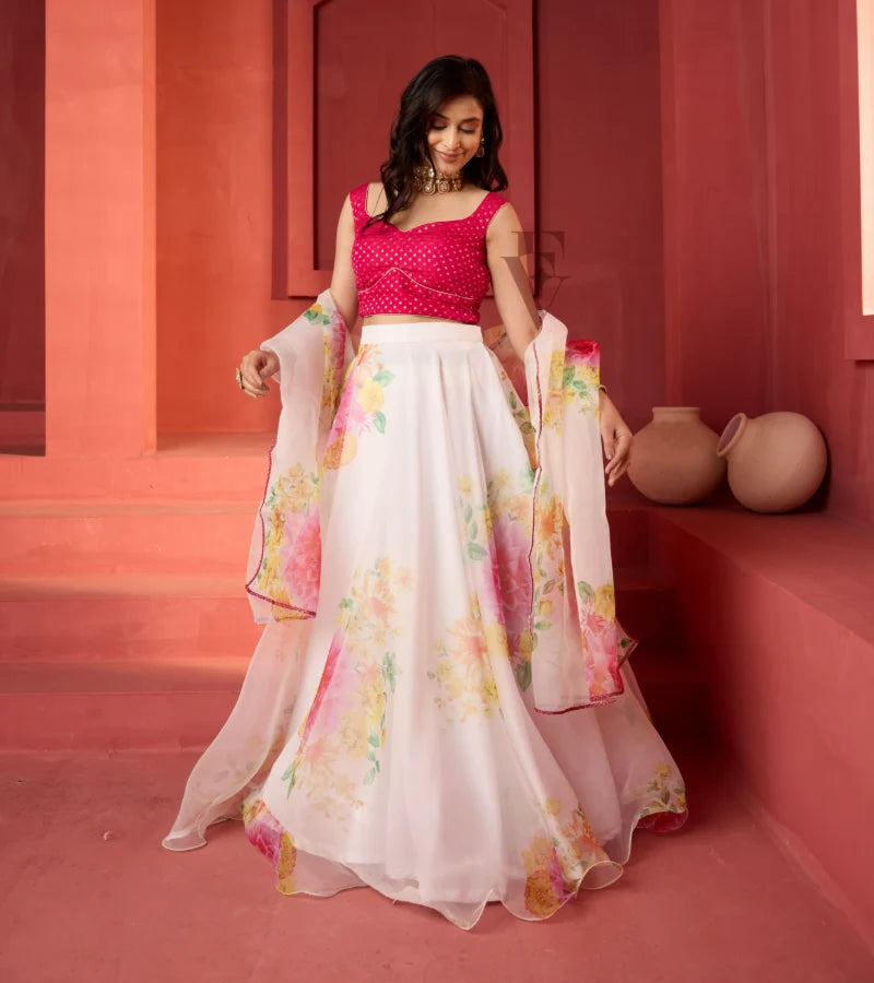 white lehenga floral printed finish