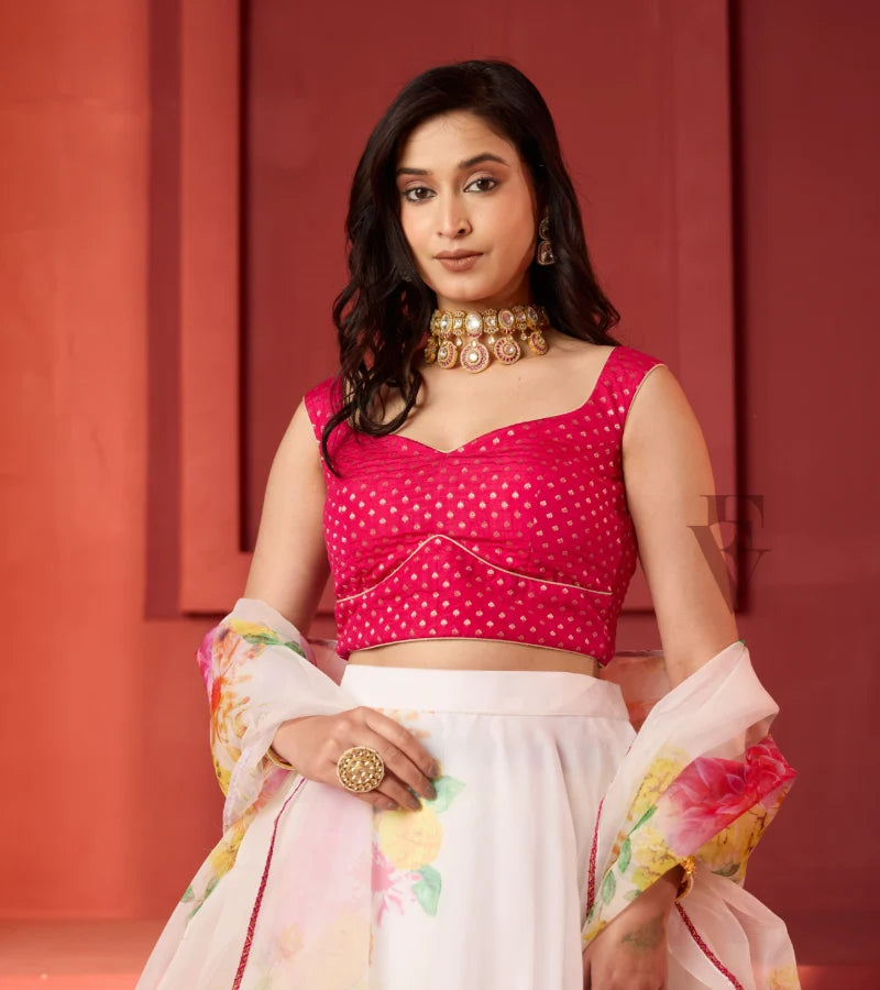 white lehenga floral printed finish