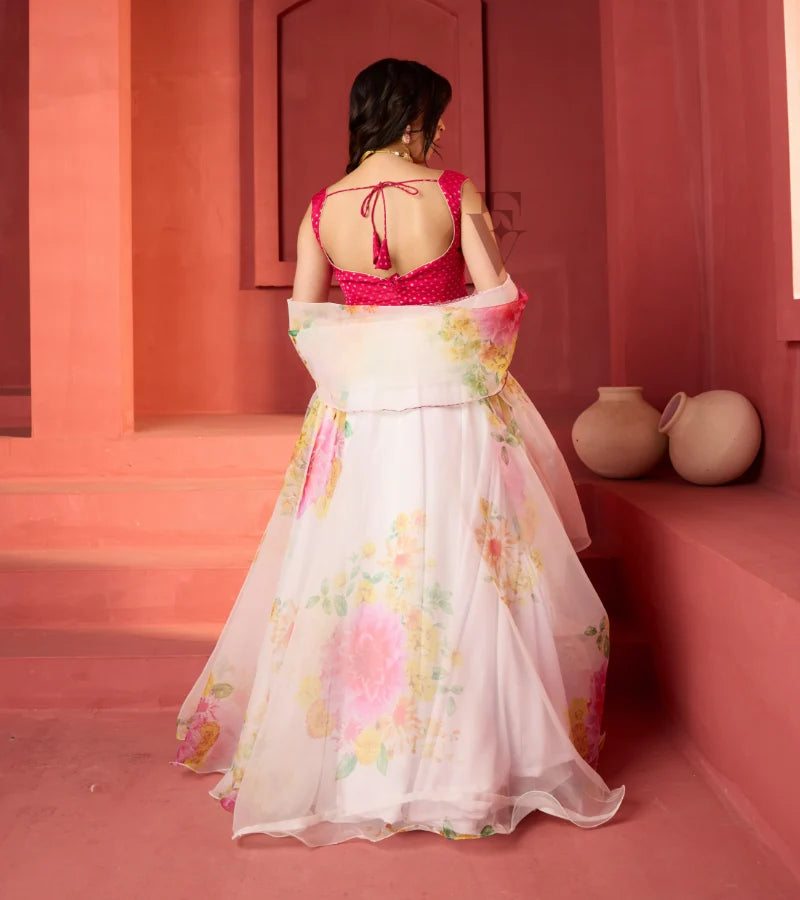 white lehenga floral printed finish
