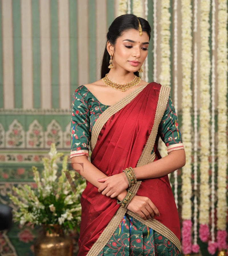 rich dark green Banarasi silk half saree with intricate maroon jari