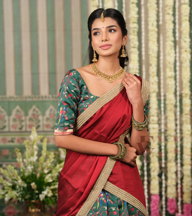 rich dark green Banarasi silk half saree with intricate maroon jari