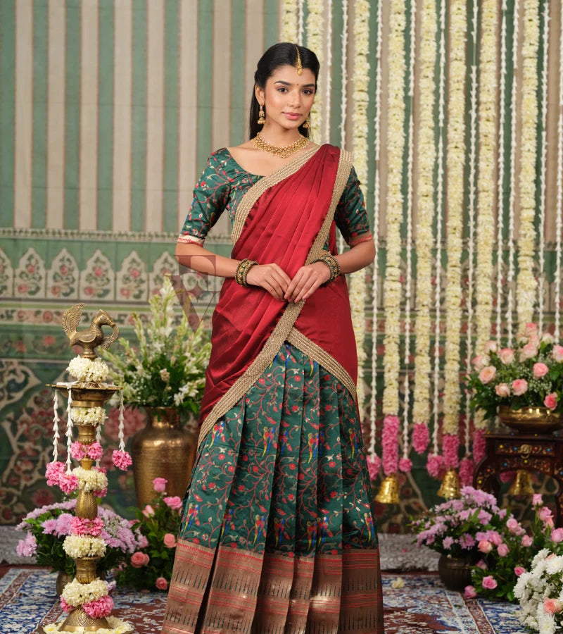 rich dark green Banarasi silk half saree with intricate maroon jari