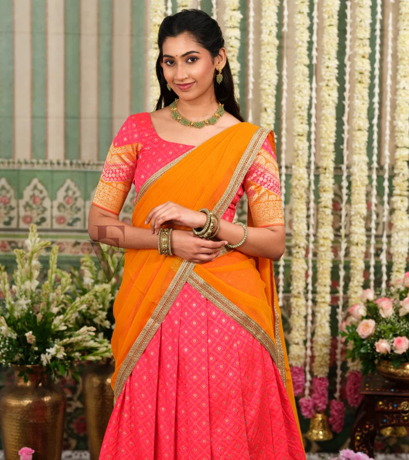 beautifully woven Gajri pink Banarasi silk half saree