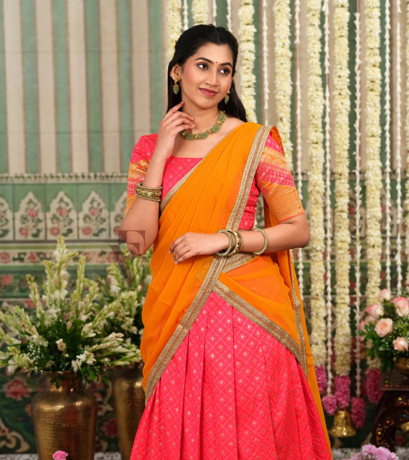 beautifully woven Gajri pink Banarasi silk half saree