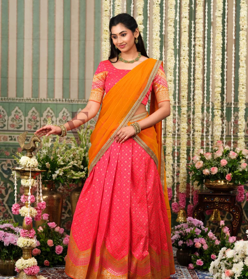 beautifully woven Gajri pink Banarasi silk half saree