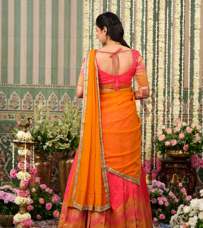 beautifully woven Gajri pink Banarasi silk half saree