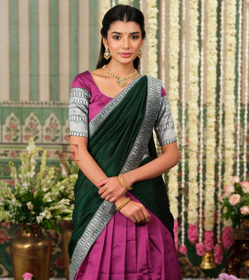 Wine-colored Banarasi silk Half Saree with dark green and silver jari work